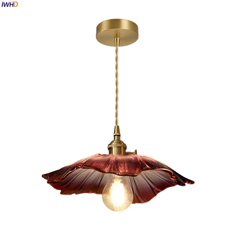 

IWHD Purple Glass LED Pendant Lights Living Room Decoration Bedroom Loft French Vintage Copper Hanging Lamp Lighting Luminaire