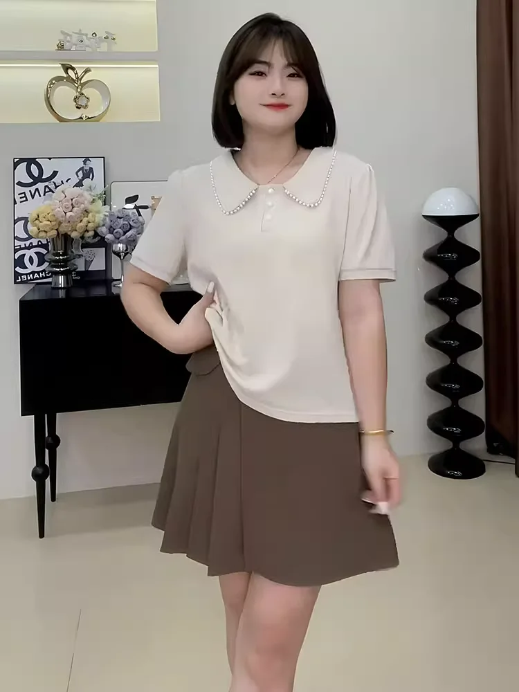 Summer Short Sleeve T-Shirt Women's Loose Fit  Shirt Korean Style Commute Creative Pattern Doll Collar Slimming Effect