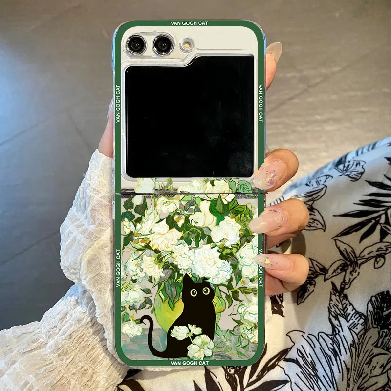 Phone Case For Samsung Galaxy Z Flip 6 5 4 3 Aesthetic Art The Black Cat Van Gogh Folding Hard PC Cover for Zflip 3 Clear Fundas