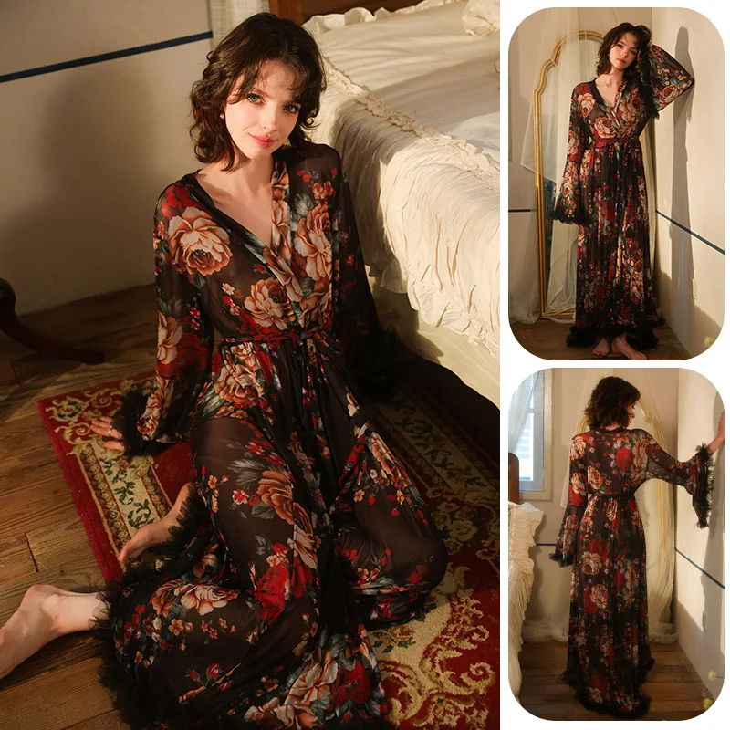 

Изысканная ночная сорочка в стиле ретро с цветочным принтом, прозрачная, с V-образным вырезом, длинными рукавами, в восточном стиле, элегантный домашний халат, единый размер