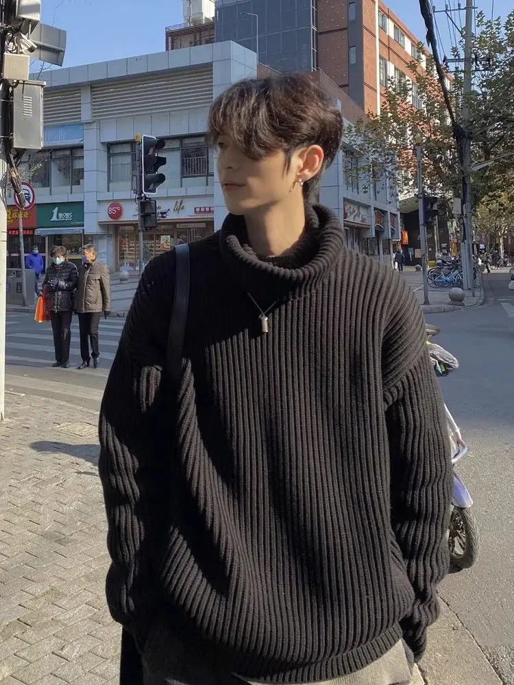 Suéter preto de gola alta para homens no inverno estilo japonês preguiçoso retro solto suéter novo estilo quente jaqueta bonita y2k ins emo