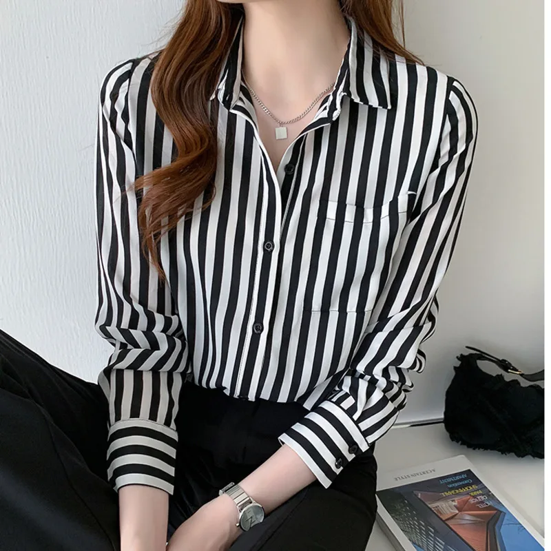 #3248 Office Shirts Women Black And White Striped Shirt Long Sleeve Slim Fit Chiffon Womens Tops And Blouses Pockets Elegant