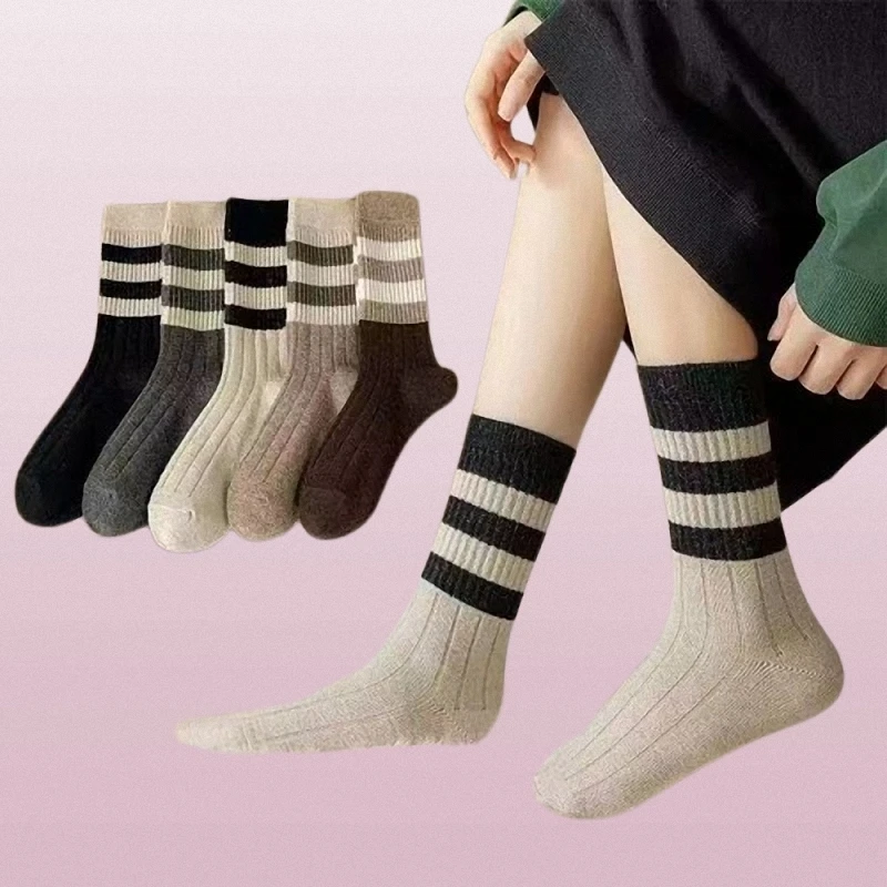 10/15 Pairs 2024 New Women's Mid-tube Socks Autumn And Winter Trend Breathable Sweat-absorbent Retro Two-bar Long Socks