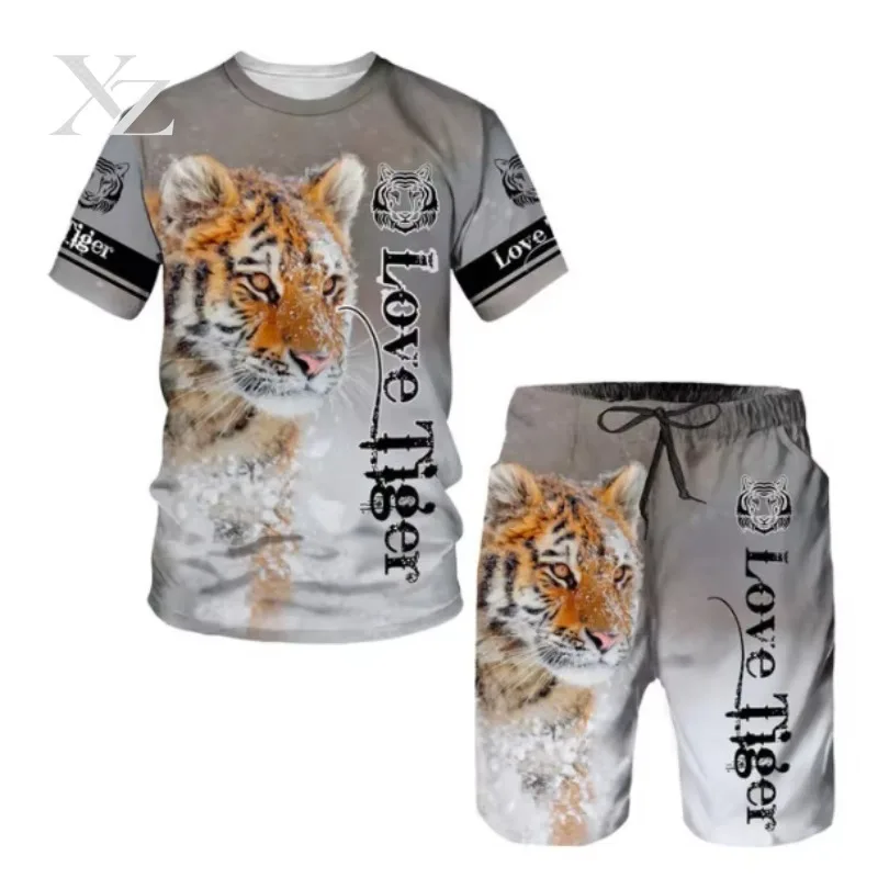Hot Sale Men's 3D Tiger Printed Short Sleeve T-shirt & Shorts Two-Piece Set, Casual Oversized Tracksuit, Summer Beach