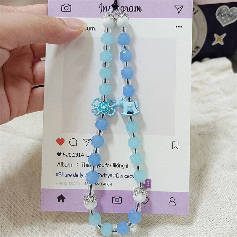 

Korean Cute 3D Blue Flower Horse Beaded Phone Chain Charm Lanyard For iPhone 16 15 Samsung Universal Accessories Jewelry Pendant