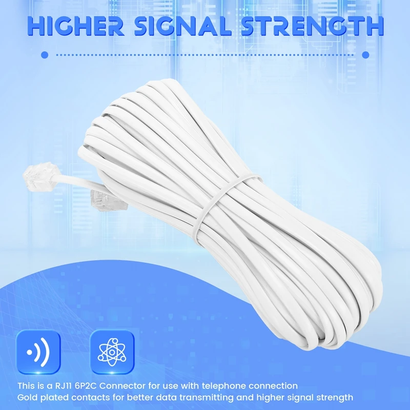White Male 6P2C RJ11 Plug Telephone Fax Modem Line Cable, 14M for Landline Telephone