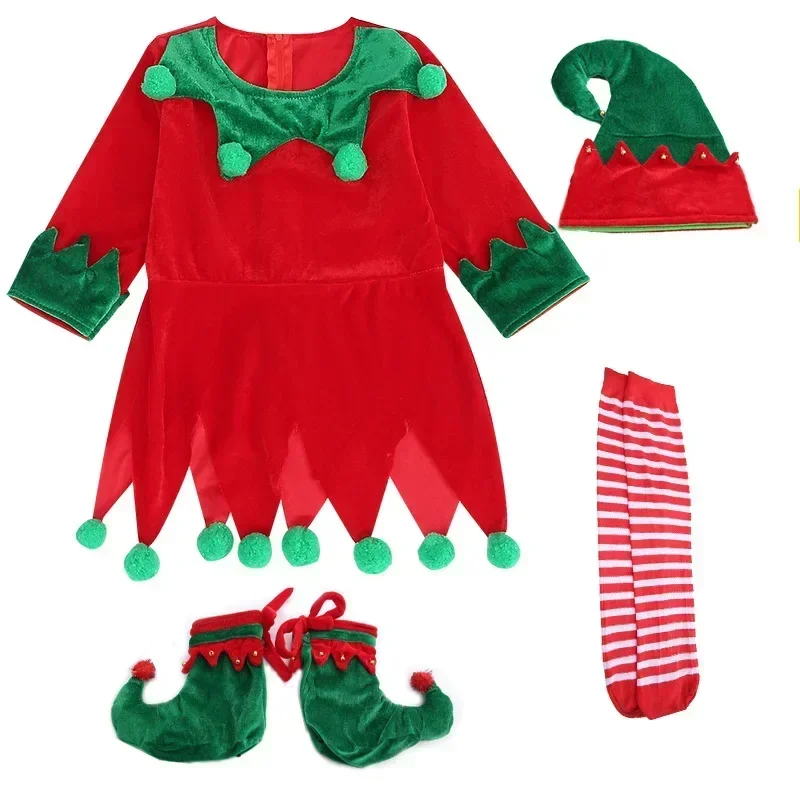 Fantasia Capodanno Verde Vestito da Babbo Natale Costume da Elfo per Bambini Ragazza Set con Cappello Bambini Festa di Natale Abito Set Performance 2025