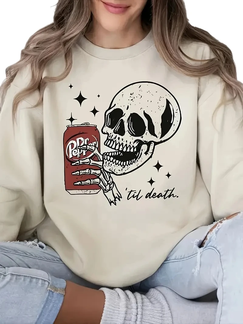 Women's  Plus size  Casual Skull & Flower Print Pullover Sweatshirt With Long Sleeves And Crew Neck Sweatshirt