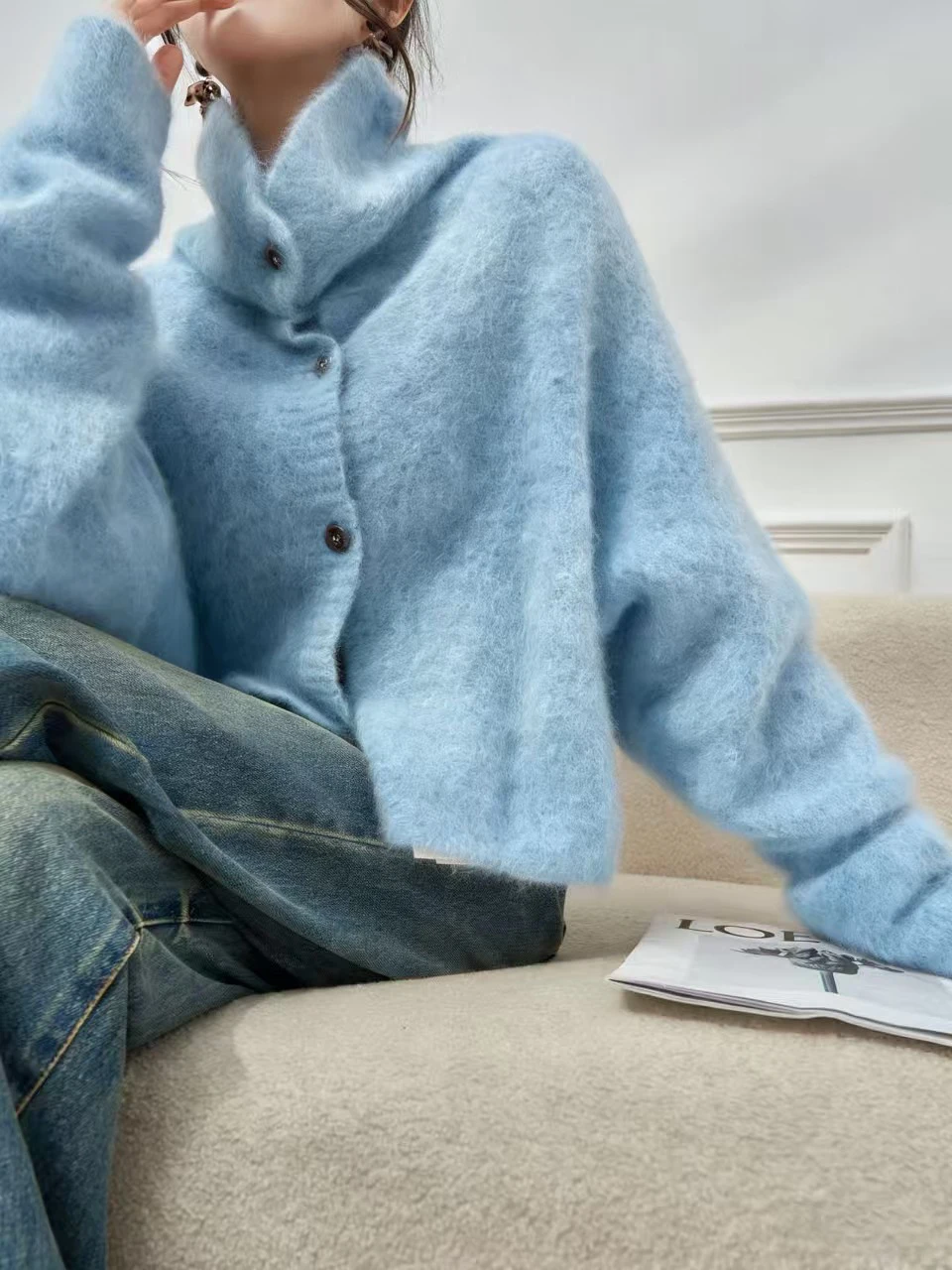 

Синий вязаный кардиган с высоким воротником для женщин, утепленная зимняя верхняя одежда, свободный крой, длинный рукав