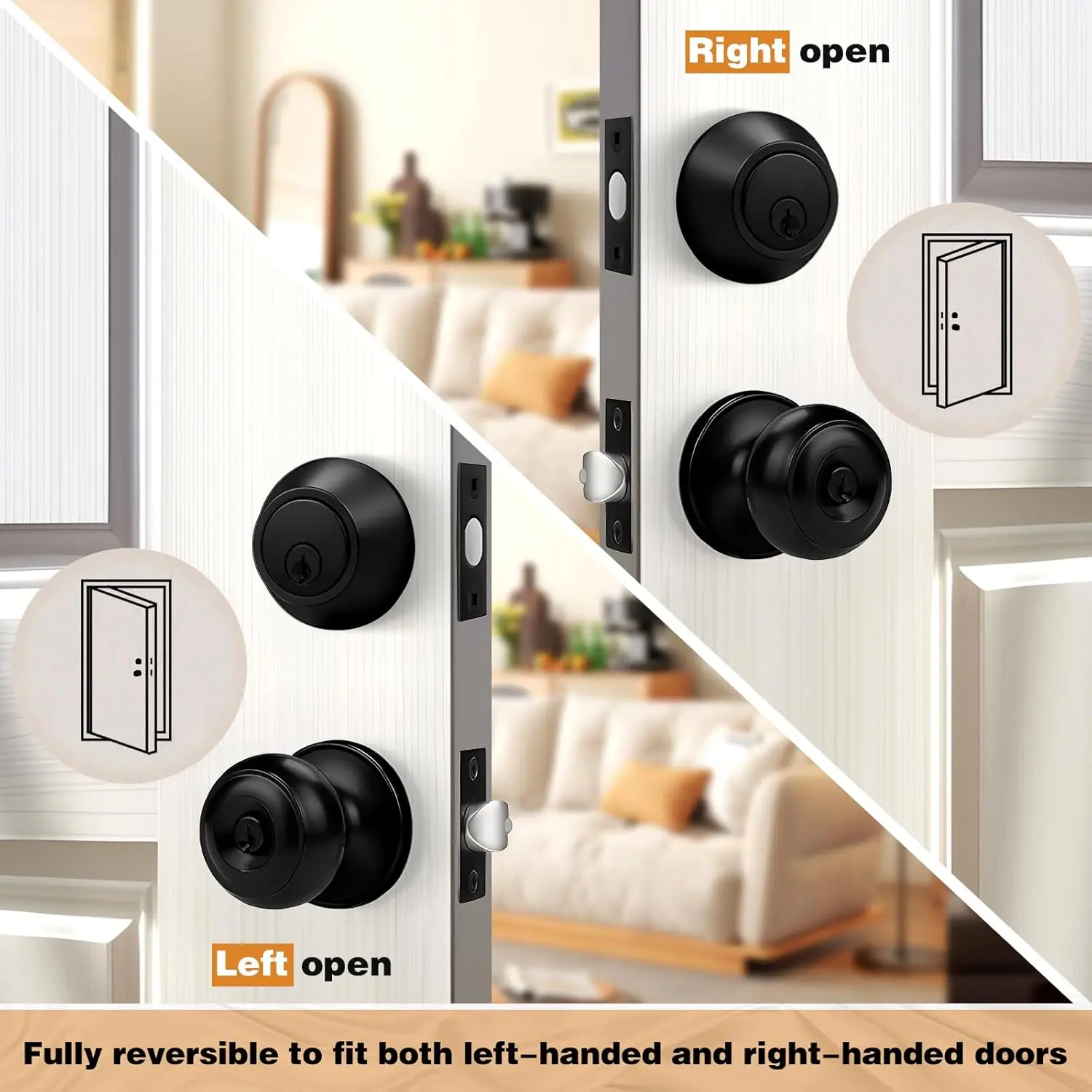 Entry Door Knob Lock Set with Single Cylinder Deadbolt, 3-Pack Keyed Alike in Flat Black Finish