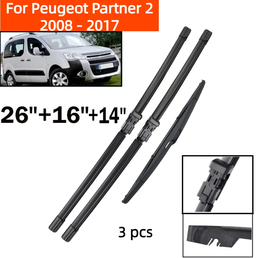 ZHANGU Wiper Front & Rear Wiper Blades Set For Peugeot Partner 2 2008 - 2017 Windshield Windscreen Window Car Brush 26