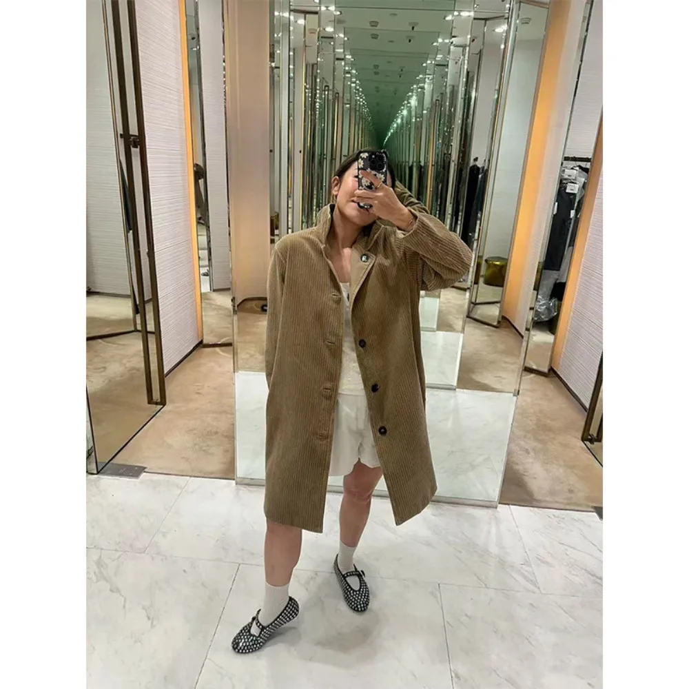 Autumn New Retro Corduroy Reversible Oversized Jacket Mid-Length Cotton Trench Coat for Women