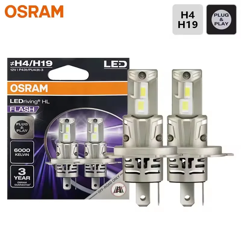 OSRAM LED Essential H4/H19 P43t/PU43t 12V 6000K White LEDriving HL FLASH Hi/Lo Beam 1:1 Small Design Bright LED Headlight Bulbs