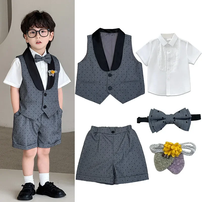 Boys Formal Tuxedo Suit Set Short Sleeve Vest Shorts Bow Tie Polka Dot Outfit for Kids Toddler Wedding Ring Bearer Pageant Party