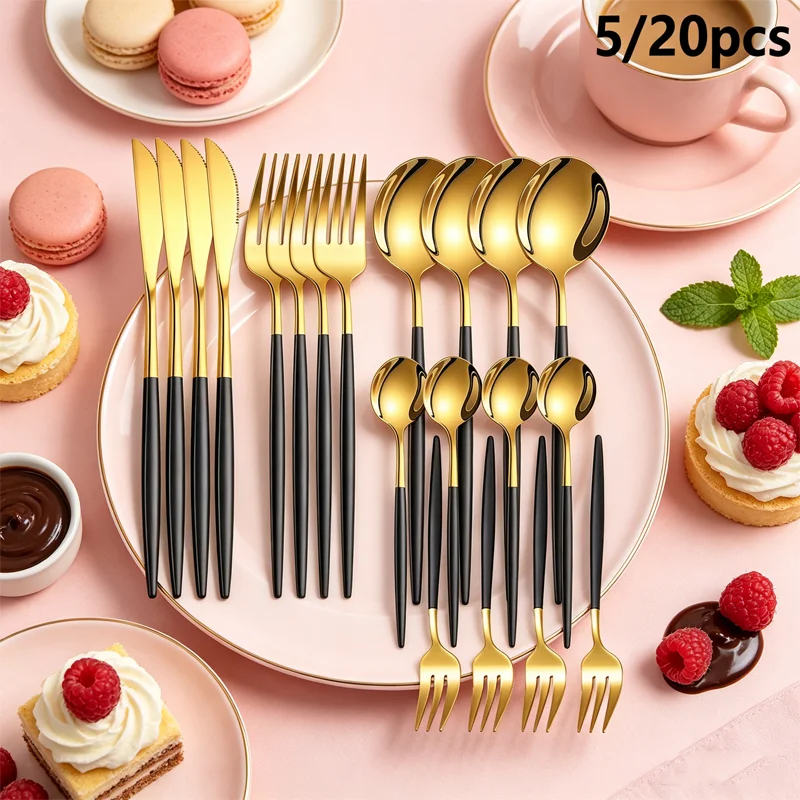 5/20 Piece Stainless Steel Cutlery Set, including Steak Knife, Fork, Spoon, Tea Spoon and Fork, Suitable for Families, Restauran