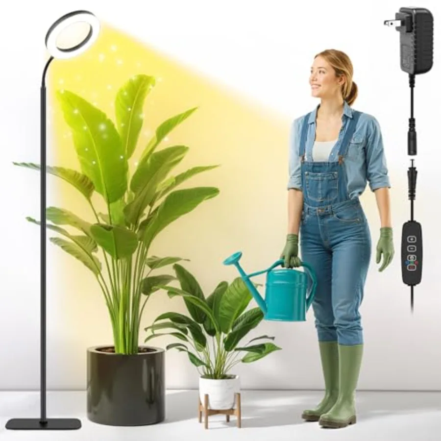 

Grow Lights for Indoor PlantsFloor Lamp with 63IN Stand Full Spectrum 10 Dimming Halo Ring Warm Light 3/9/12H Timer Height Adju