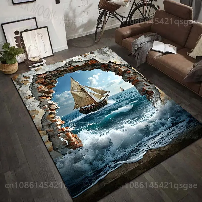 1PC Sailing ship through broken wall Print Carpet Rug for Living Room Bedroom Sofa Doormat Home Decor Non-slip Floor Mat