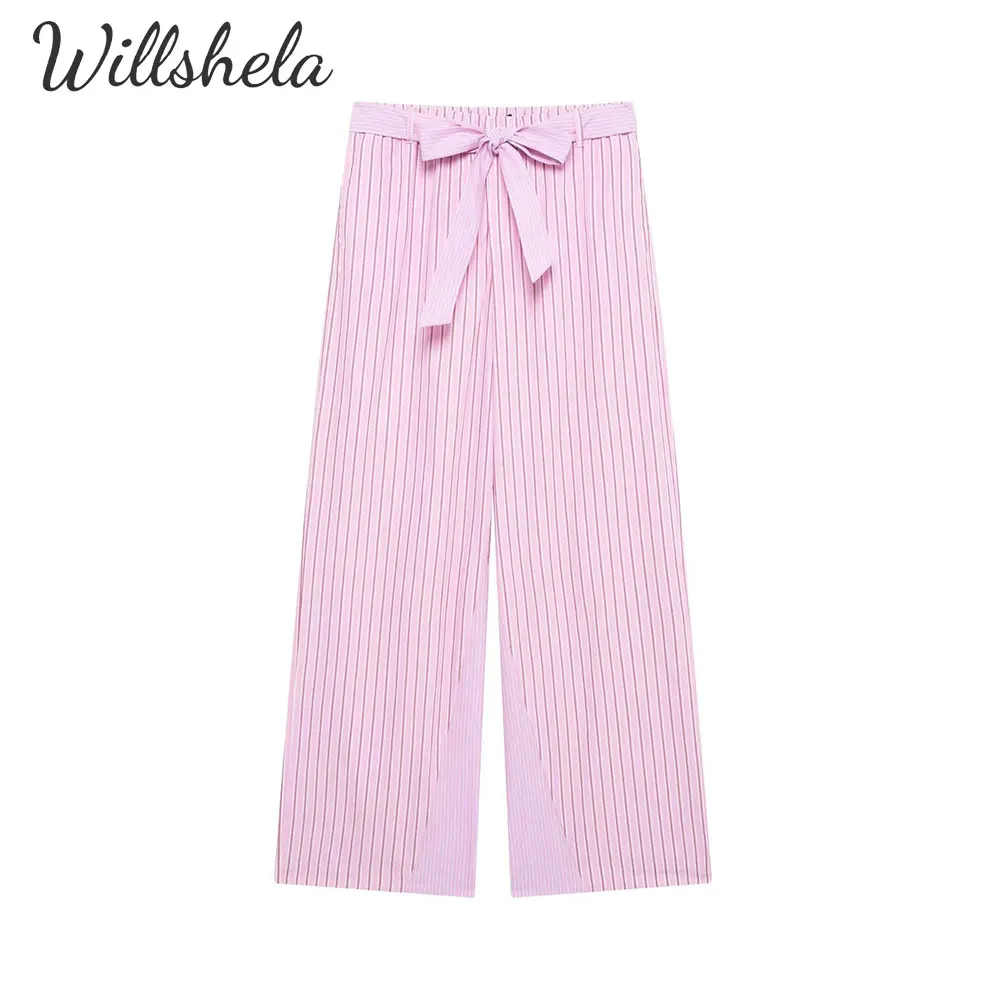 

Willshela Women Fashion Pink Striped Satin Straight Pant High Waist with Sashes Female Chic Lady Casual Mujer Long Trousers