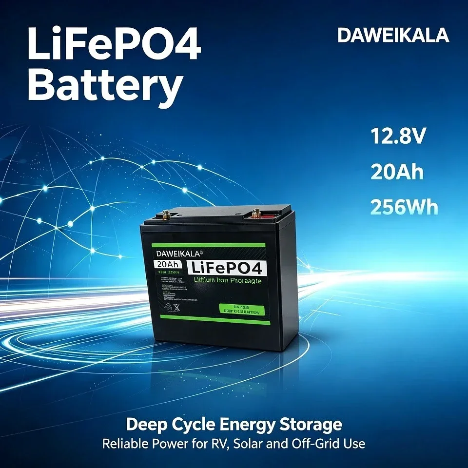 DAWEIKALA 12,8V 20Ah LiFePO4 Lithium-Eisenphosphat-Tiefzyklusbatterie mit integriertem BMS-Schutz, 256Wh wiederaufladbare Batterie für Solarenergiespeicher, Wohnmobile, Boote, USV und