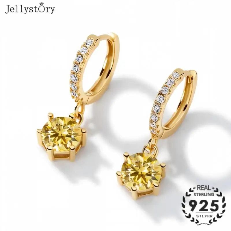 Jellystory S925 Silver Moissanite Earrings 1ct Classic 6-Prong Micro Pave Dangle Drops Fine Jewelry Gift Women