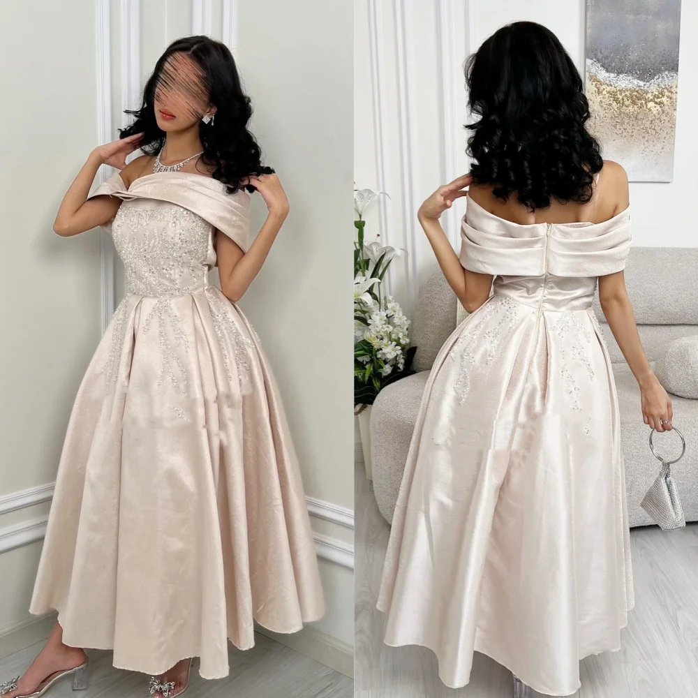 Intricate Satin Sequined Beading Ruched A-line Off-the-shoulder Midi Dresses Celebrity Dresses Matching Classic Exquisite Sexy