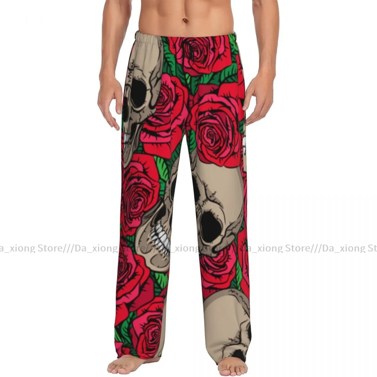 Men Sleep Bottoms Male Lounge Trousers Men\'s Skulls Rose Branches Pajama Pants