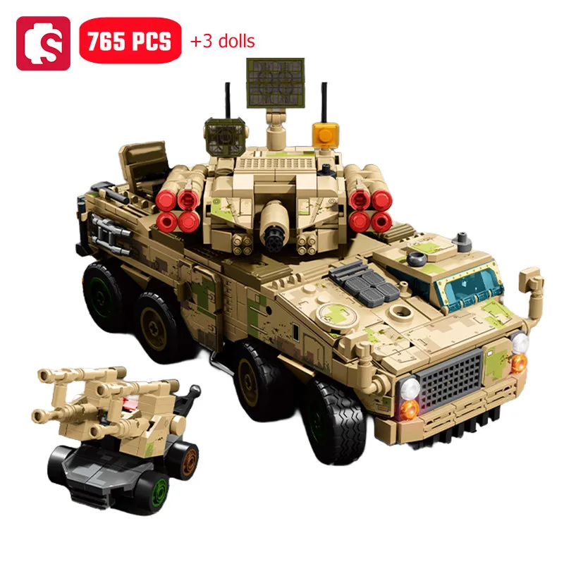 SEMBO 765pcs Anti-Aircraft Artillery Vehicle Assemblage Building Blocks MOC Military Series Car Model Bricks Toys Birthday Gifts