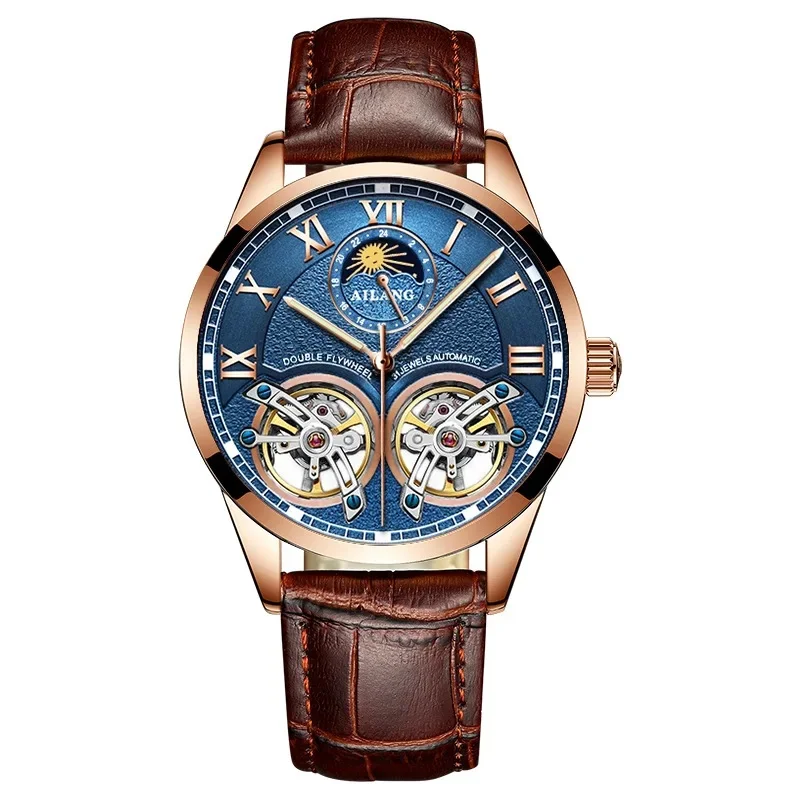 AILANG-8822 Skeleton Automatic Watch for Men Dual Flywheel Moon Phase Roman Numerals Dial Leather Luxury Mechanical Wristwatch