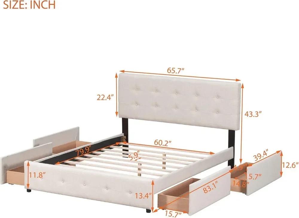 Queen Bed Frame with Drawers, Upholstered Bed with Storage Drawers,Linen Fabric Queen Storage Bed ZL