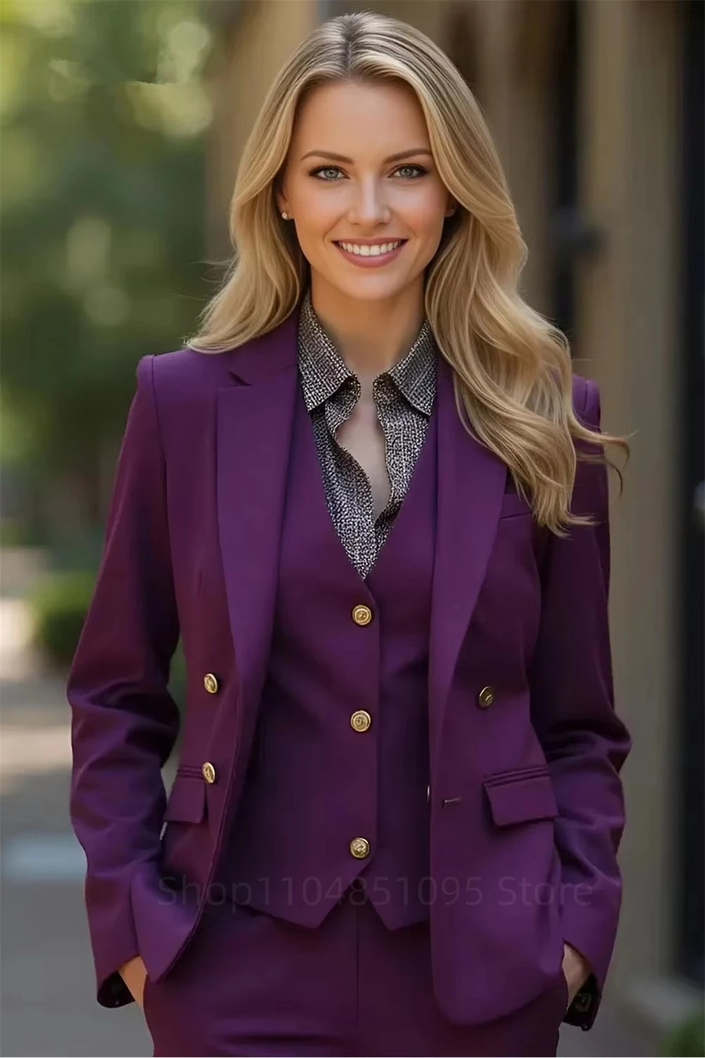 

Модный весенне-осенний формальный фиолетовый костюм-тройка для женщин: топ, пиджак, жилет и длинные брюки для офиса