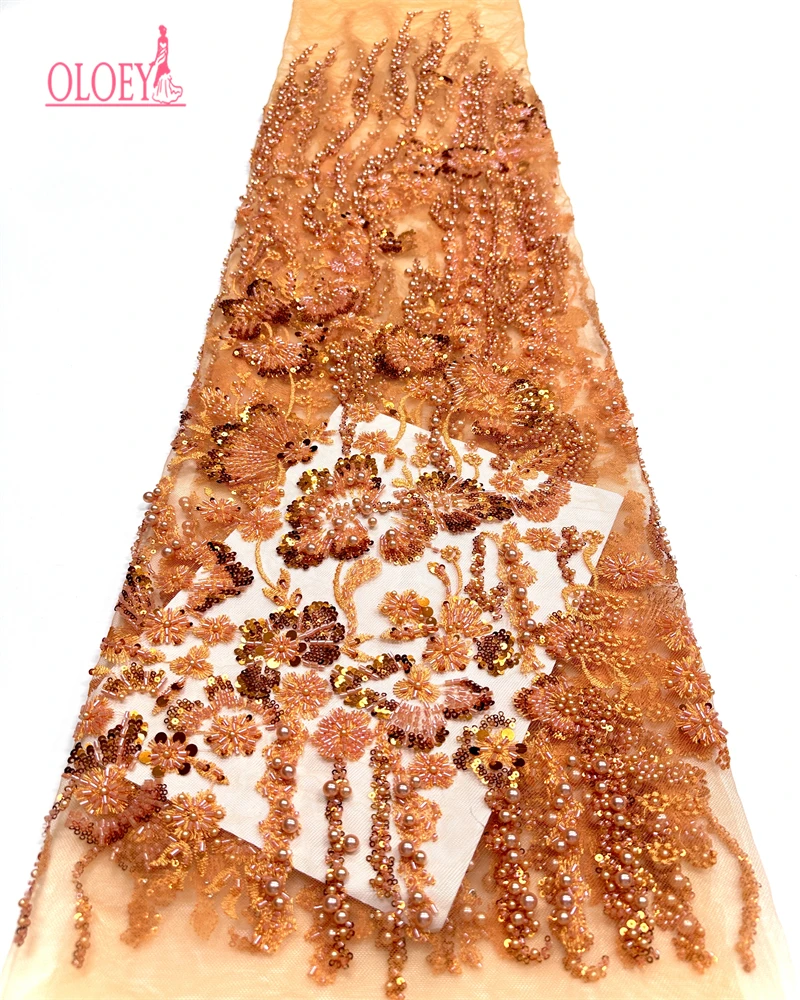 OLOEY  African Sequin Lace Fabric  High Quality  French Beaded Lace Fabric Nigerian Bride For Wedding Party Dress