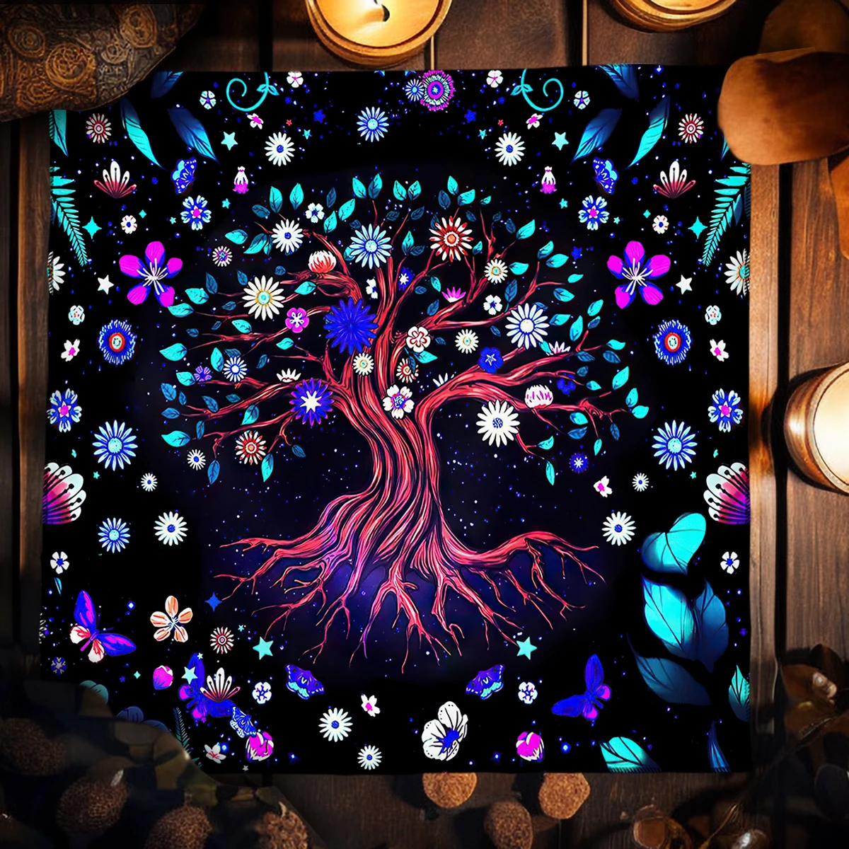 Tree Of Life Tarot Cards Tablecloth Altar Cloth Divination Witchcraft Decor Colorful Flower and Plants Tarot Table Cloth