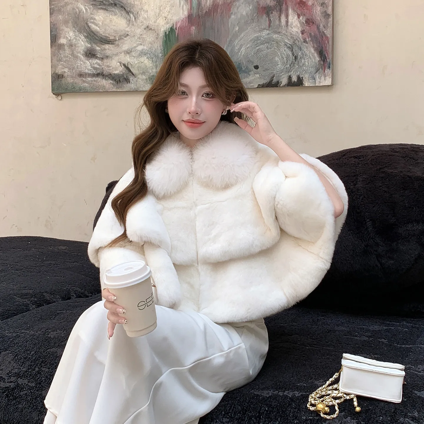 Luxury Coats Real Rex Rabbit Fur Cape Large Fox Fur Collar Warm Winter Natural Rabbit Fur Shawl Women
