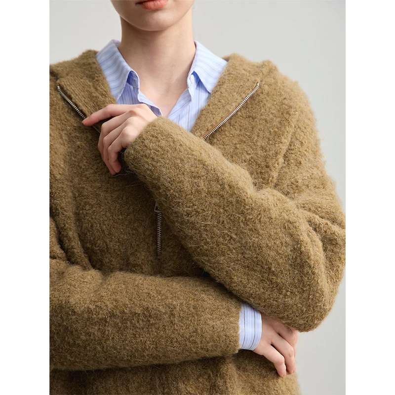 AMII Damenpullover mit Kapuze, 2025, Winter, neue Schulterärmel, Reißverschluss, lockerer Pullover für Damen, lässig, Strickpullover, Oberteil 12554064