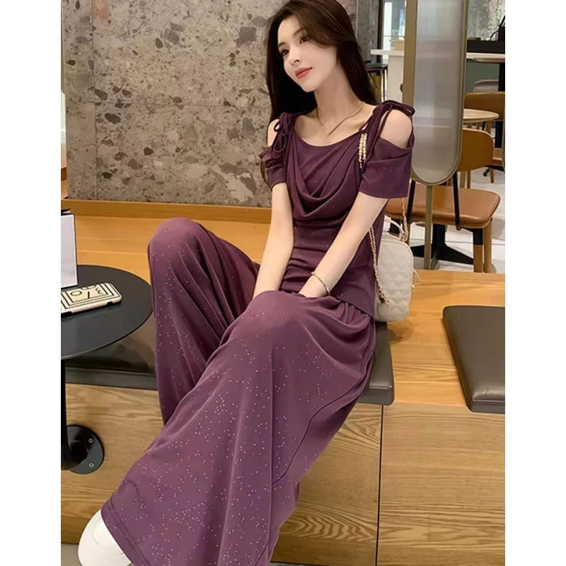 

Women's Fashion Off-Shoulder T-Shirts Wide Leg Pants Two Piece Set Lady Graceful Purple Tops Trousers Outfits Casual Clothing