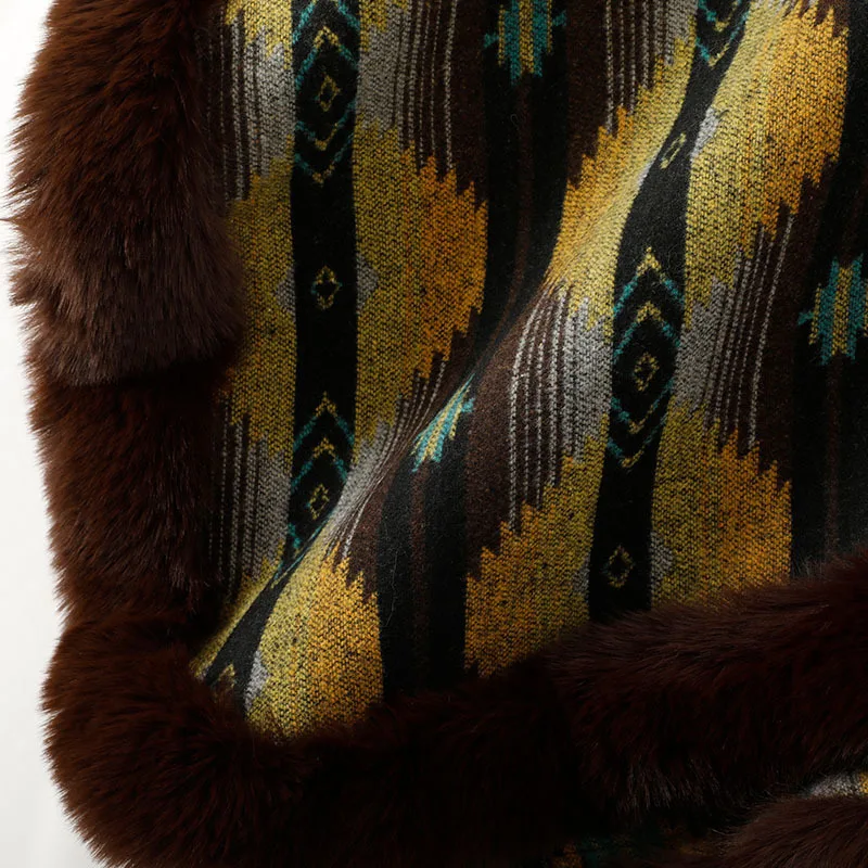 เสื้อคลุมสไตล์ยุโรปและอเมริกา ลายสก็อตแบบใหม่ ผ้าคลุมไหล่ขนเฟอร์เทียมแบบมีฉนวน ผ้าคลุมไหล่ลายแจ็คการ์ดสำหรับผู้หญิง