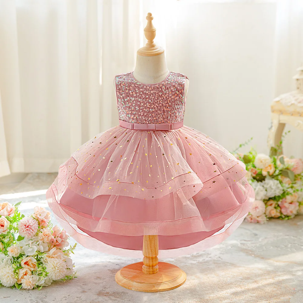Elegant Star Sequin Party Baby Girls Dress Trailing Tulle 1st Birthday Wedding Prom Princess Dresses Bow Bridesmaid Kids Clothes