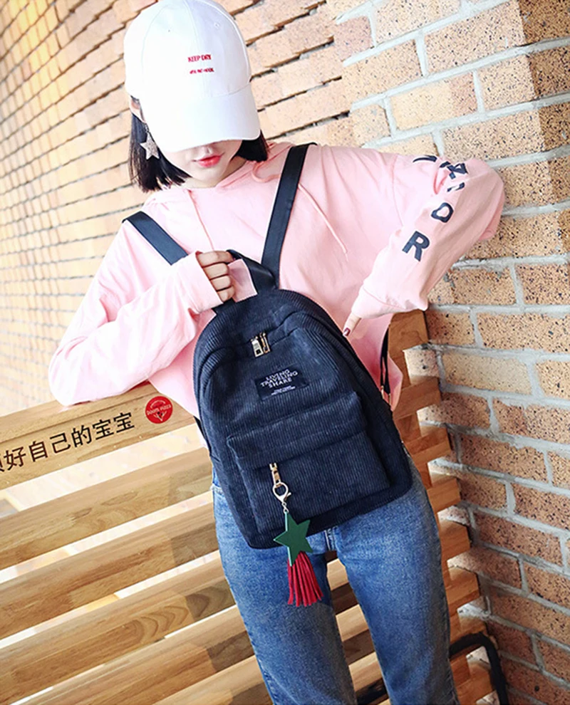 Women Backpack School Shoulder Bag With Tassel Corduroy backpacks Female Notebook Bags For Girls Preppy Style Knapsack Mochilas