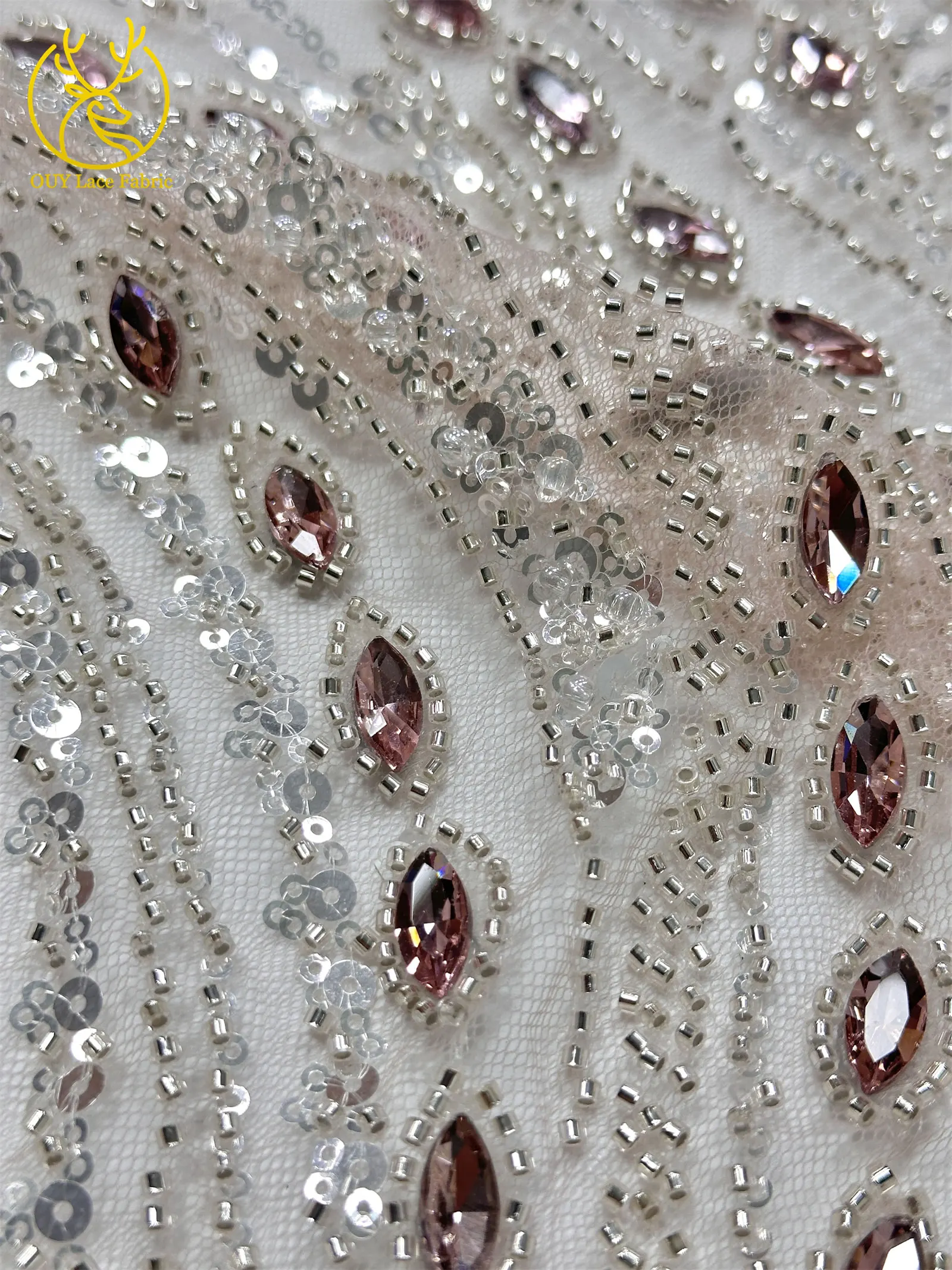 Marineblauer, hochwertiger, luxuriöser, österreichischer Diamant-Perlen-Spitzenstoff im neuen Stil 2026, afrikanischer Pailletten-Spitzenstoff für Brautkleider und Hochzeitsfeiern. – Detail 11
