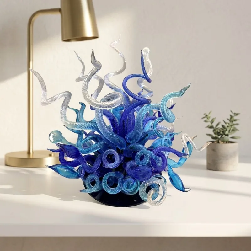 Custom Modern Hotel Lobby Tabletop Exquisite Transparent Blue European Flower Sculpture Art Deco Color Blown Murano Glass Lamp