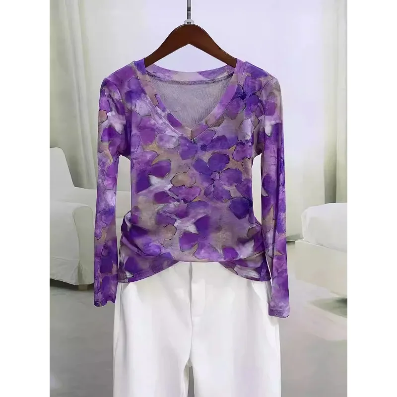 

Fashion Printed V-neck Mesh Stretch Long-sleeved Top for Women in Autumn New Style Versatile Slim Slim Shirt Trendy
