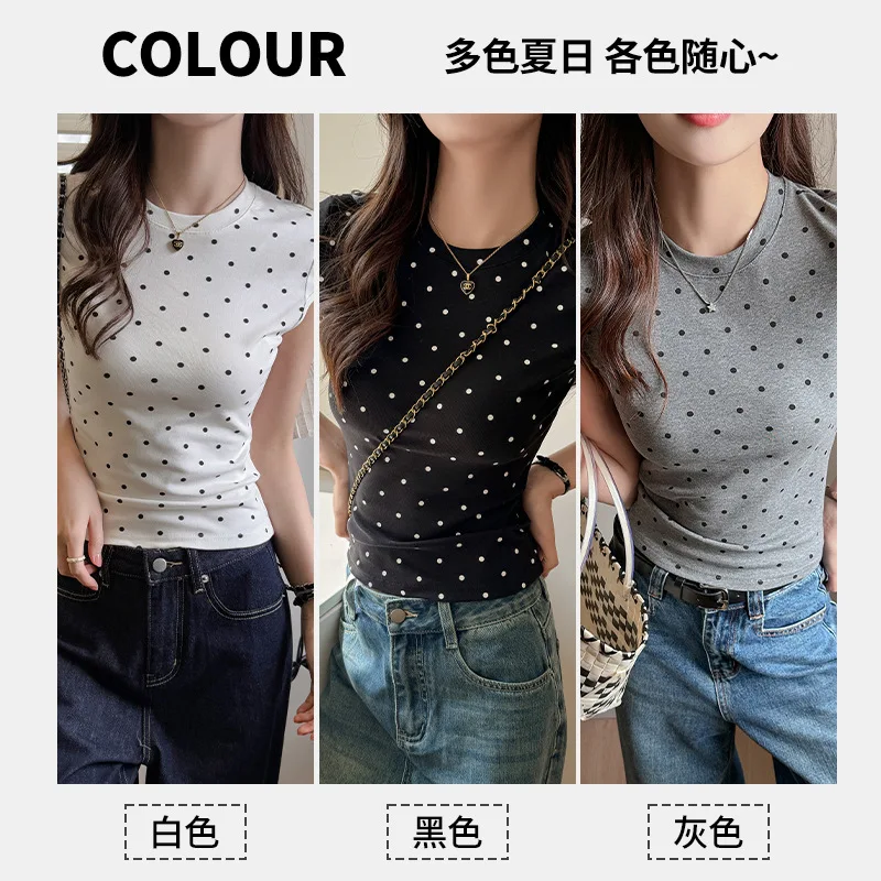 Design Polka Dot Small Round Neck Straight Shoulder Short-sleeved T-shirt for Women Slim Inner Bottoming Top for Women