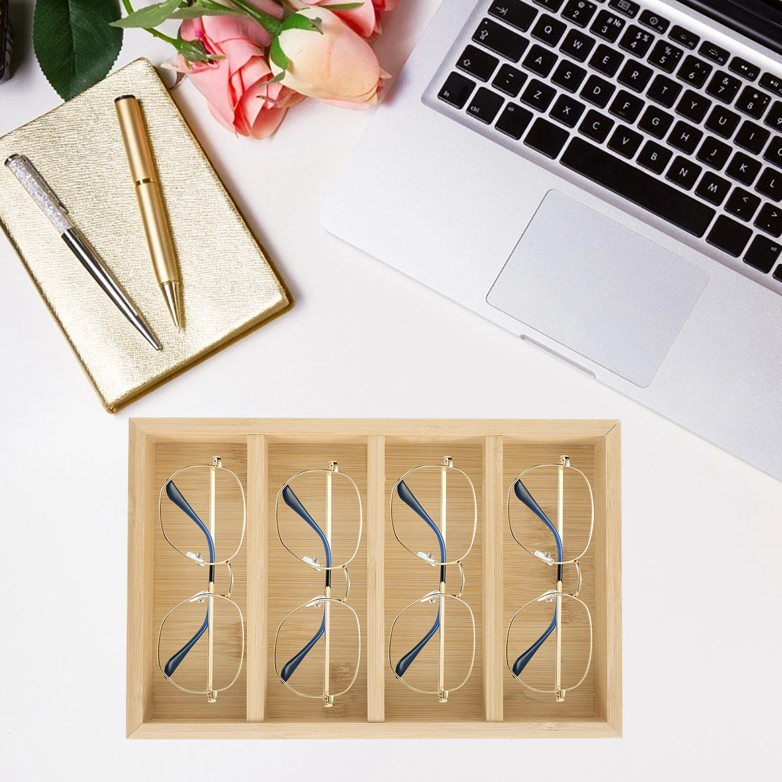

Bamboo 4 compartment Eyeglasses Storage Display Tray ganizer for Sunglasses Glasses Holder Home Retail Solution