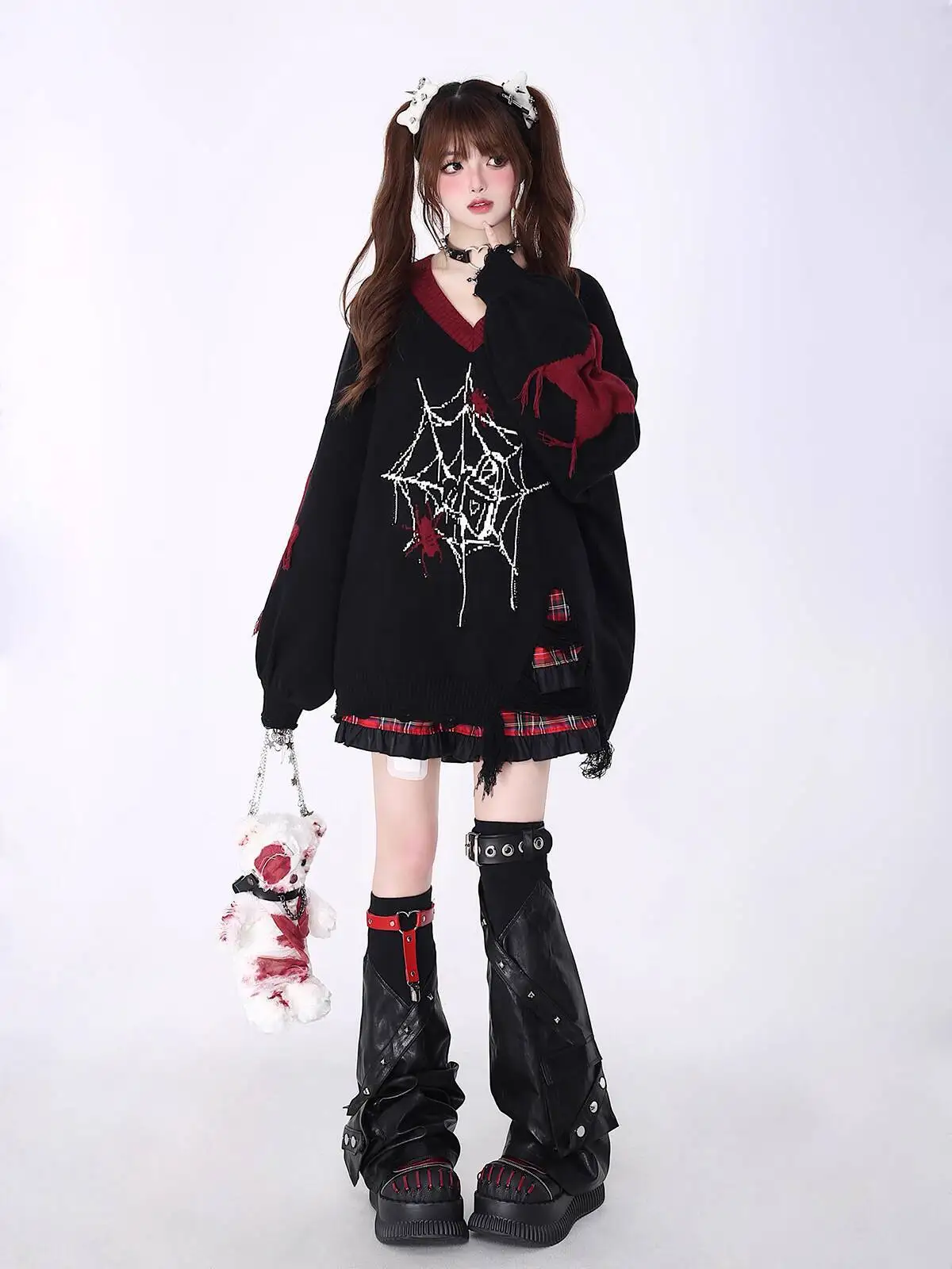 Gothic Punk Women Sweater 2025 Autumn Winter Black Red Subculture Original V Neck Loose Knitting Sweater For Women