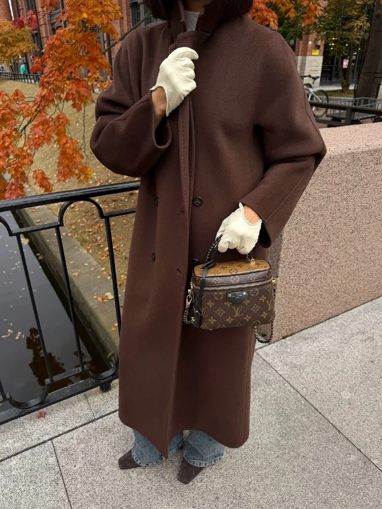 Cappotto lungo di lana lungo con risvolto solido casual Cappotto monopetto a maniche lunghe con scollo a V Cappotto caldo da donna allentato 2025 Cappotto da strada invernale