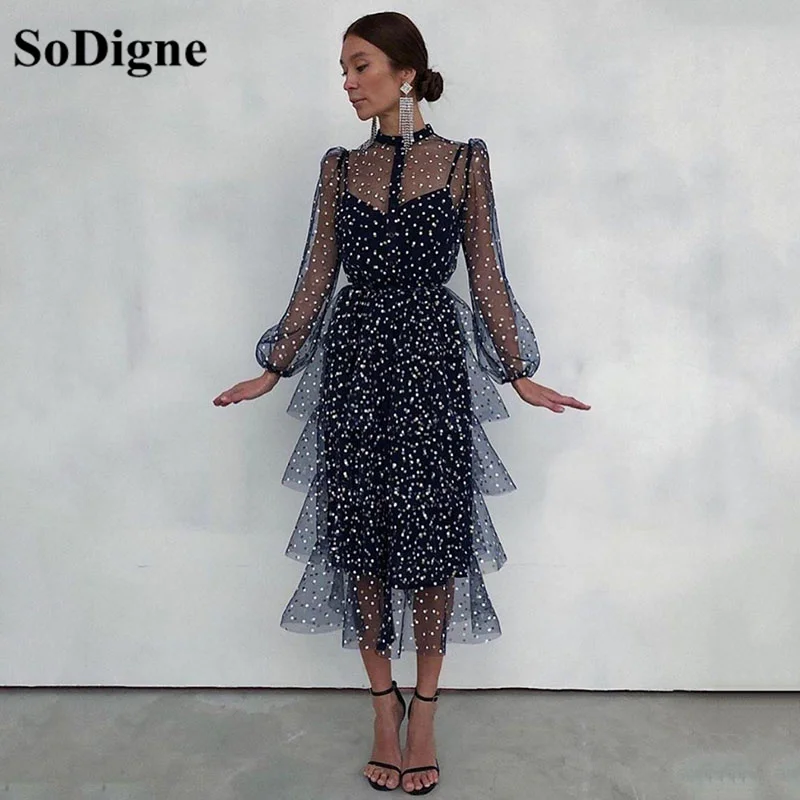 SoDigne Black Dotted Tulle Midi Prom Dress O Neck Long Sleeves A-Line Evening Dresses Tea-Length Arabic Wedding Party Gowns