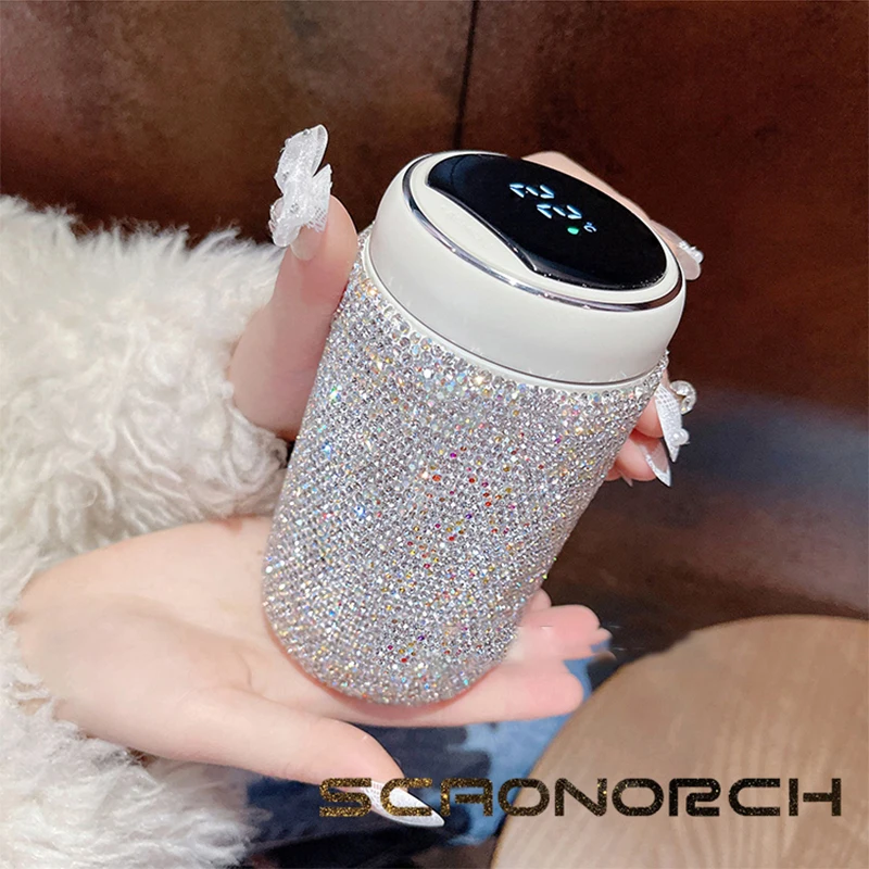 300ml Bling Rhinestones Coffee Cup Car Tumbler Vacuum Flasks Temperature Display Thermos Bottle Stainless Steel Water Bottle