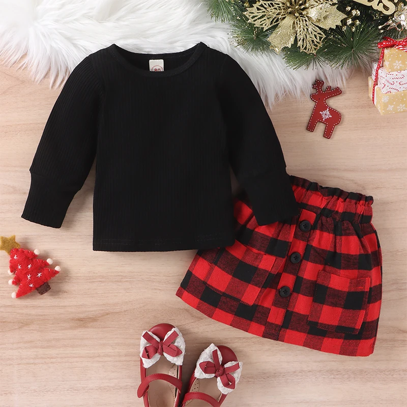 2-7 Years Auutumn Kids Girls Christmas Clothes Sets Long Sleeve Solid Tops Plaid Skirt Toddler Baby Girl Clothes Party Clothing