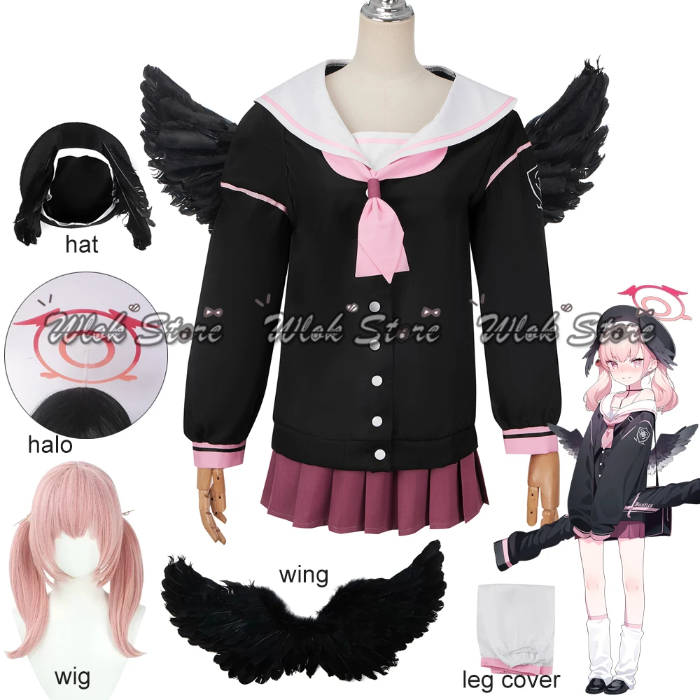 Blue Archive Shimoe Koharu Cosplay Costume pour femme, uniforme de marin imbibé d'ailes de chapeau, tenue de fête d'Halloween pour fille, vêtements de sauna, perruque Halo