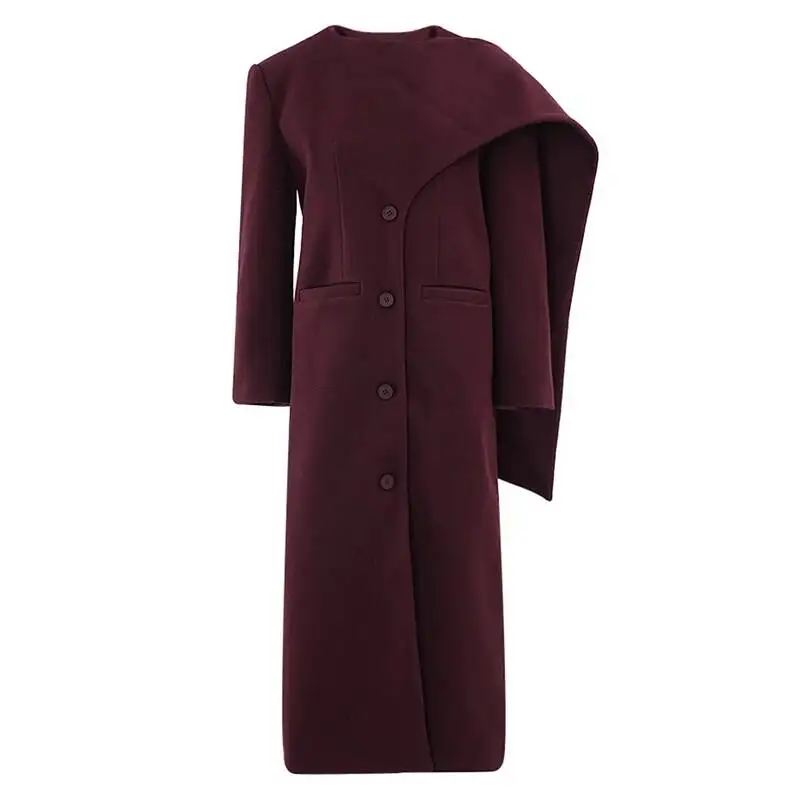 Wine Red Thick Big Size Long Woolen Coat New Scarf Collar Long Sleeve Women Jacket Fashion Autumn Winter 2026 PE5K